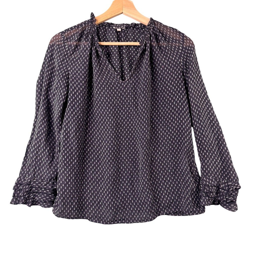 Rebecca Taylor‎ Silk Blend Fil Coupe Ruffle V-Neck Blouse Black White Size 2
